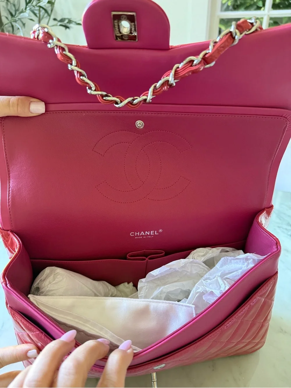 CHANEL Pink Quilted Patent Leather Shoulder Bag with Chain Strap